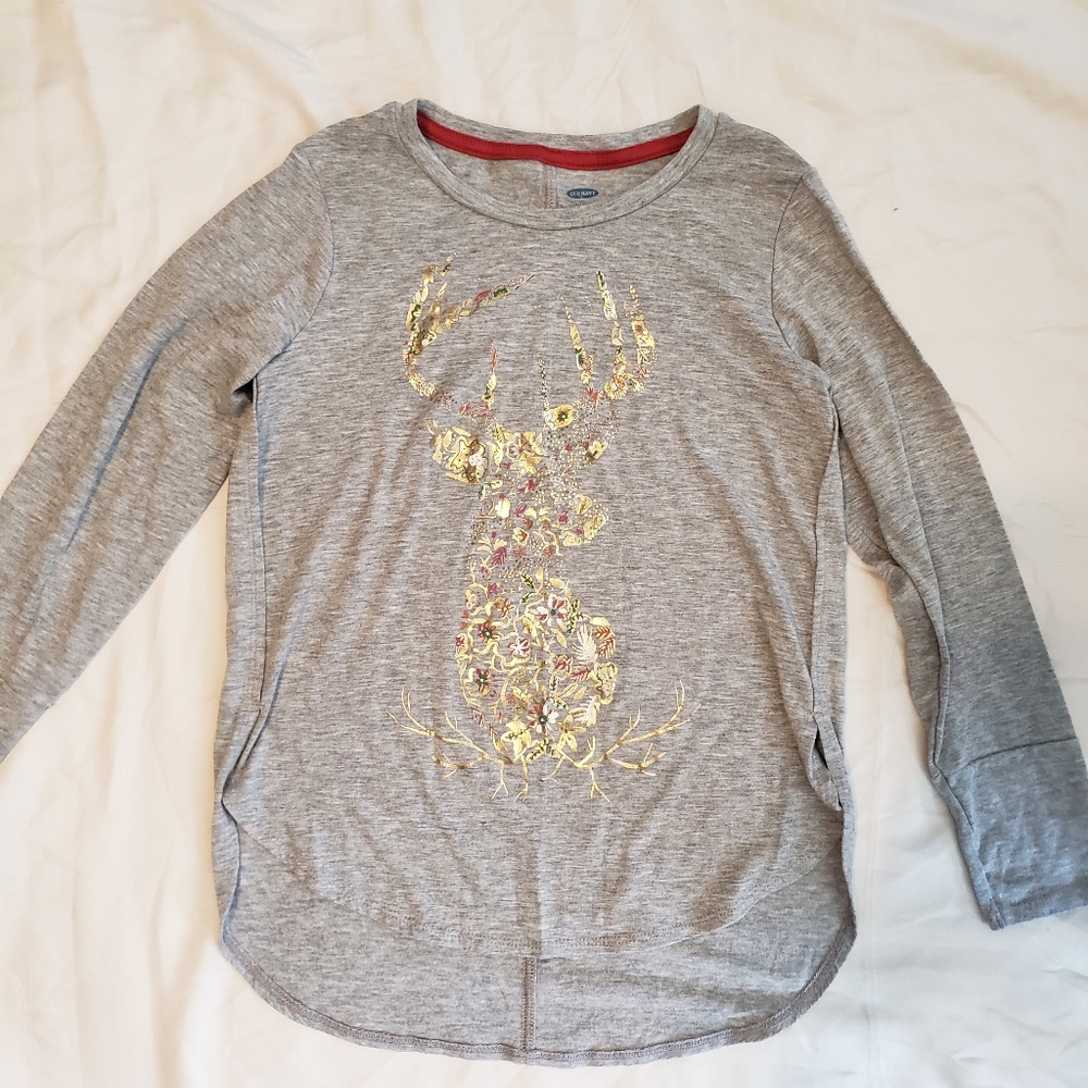 Old Navy Gray Long Sleeve Kids Tee w Floral Holiday Deer Design L 10/12